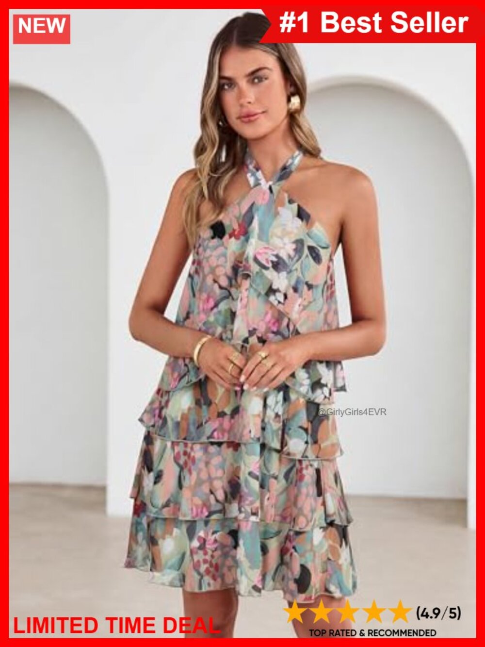 Simplee Womens Chiffon Floral Mini Dress Sleeveless Halter Ruffle Tiered Boho - Picture 4 of 6